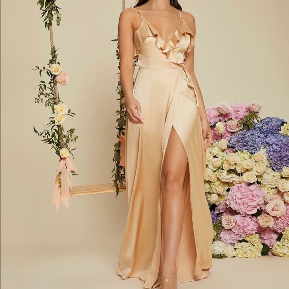 Ruffle Trim Tie Side Satin Bridesmaid Dress